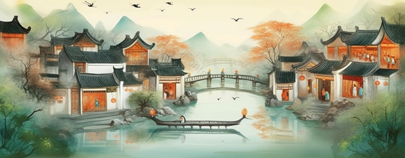 城镇绿色江南水乡小桥流水房屋中国风插画,插画/手绘图,插画/手绘图库,插画/手绘图下载,插画/手绘